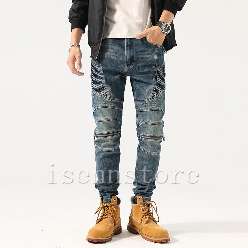モトパンツ★バイカーズ★ストレッチ★デニム★パット付【メンズ サイズXL】 モトクロス スキニーデニム ステッチ ジップ ZIP バイカー デニム