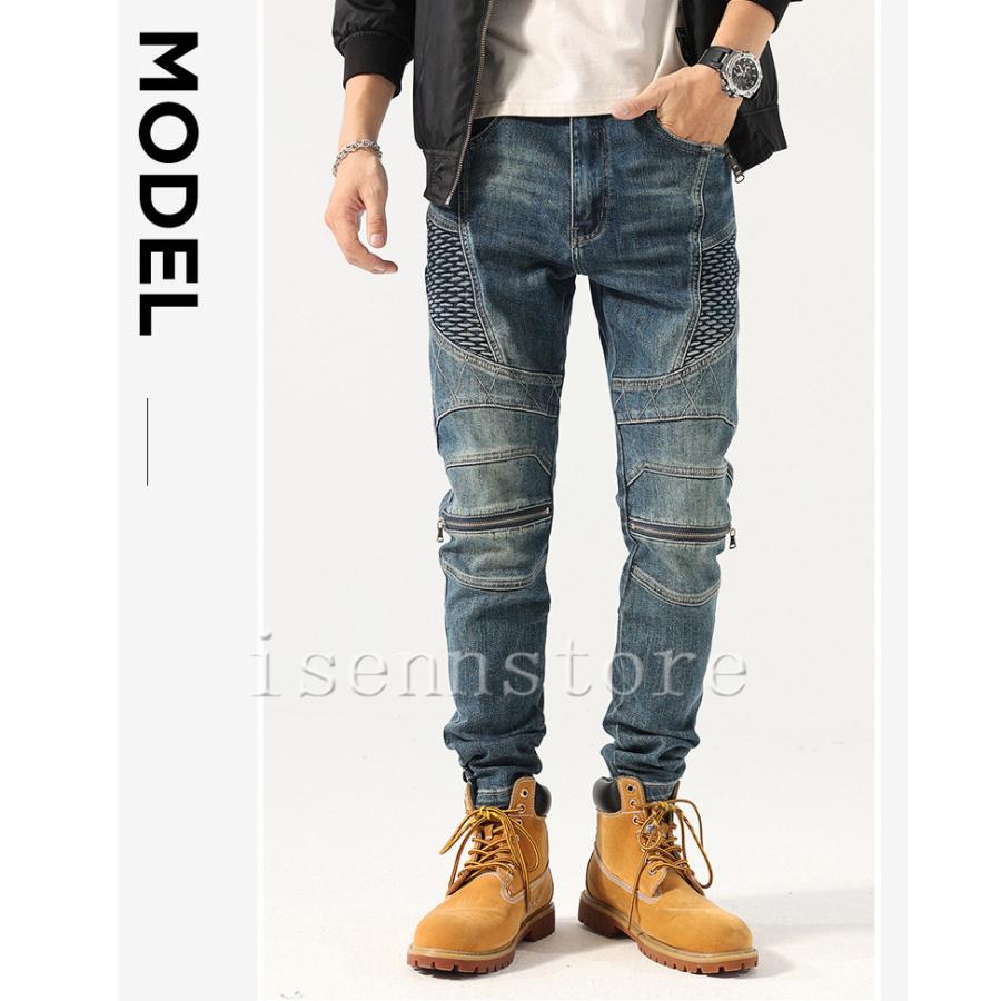 モトパンツ★バイカーズ★ストレッチ★デニム★パット付【メンズ サイズXL】 モトクロス スキニーデニム ステッチ ジップ ZIP バイカー デニム