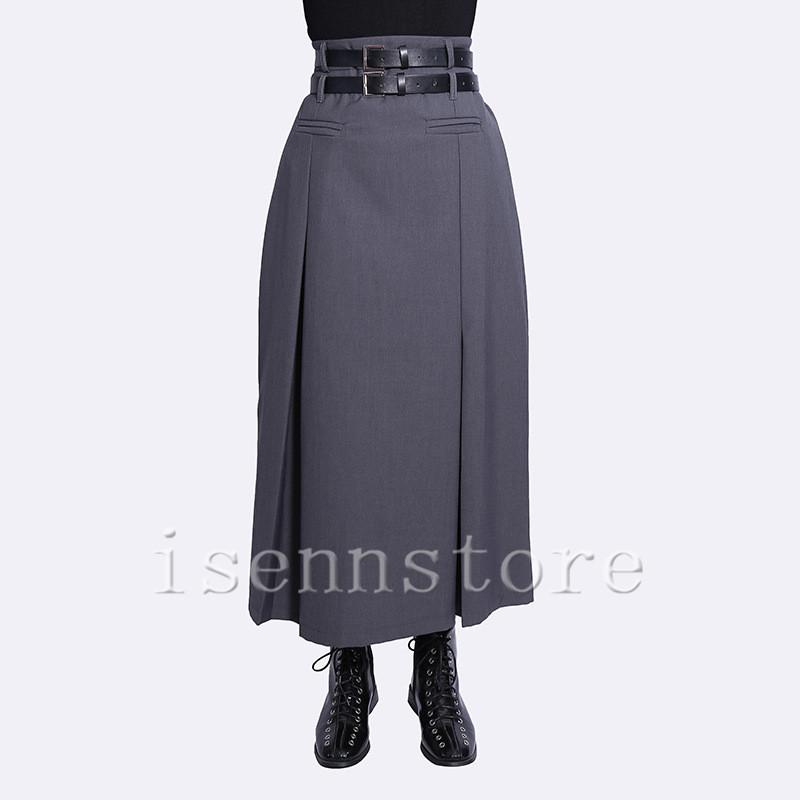 ロングスカート ダブルベルト付き マニッシュ 膝下 ひざ下 フレア 無地