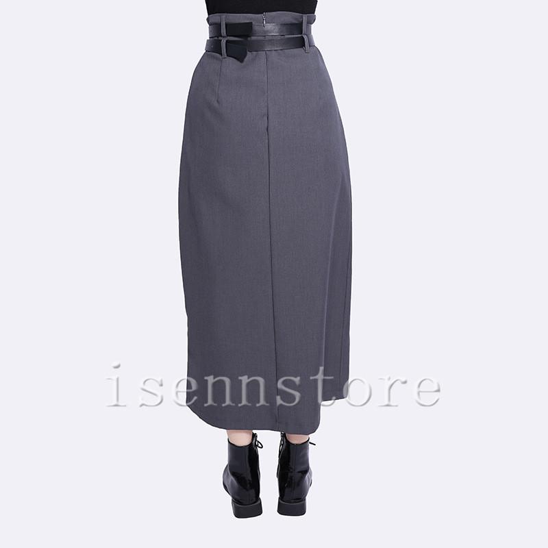 ロングスカート ダブルベルト付き マニッシュ 膝下 ひざ下 フレア 無地