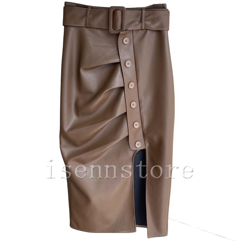 レザースカート秋 冬 革 スリット入り ミディアムスカート ベルト付き