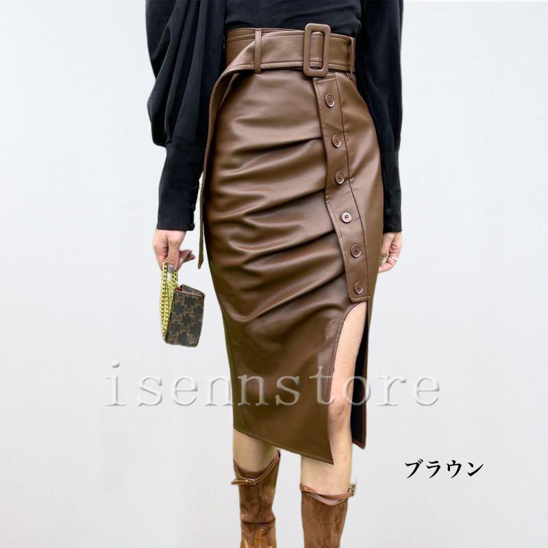 セザンヌ スリット 本革 ミディ丈 レザー スカート レザースカート秋 冬 革 スリット入り ミディアムスカート