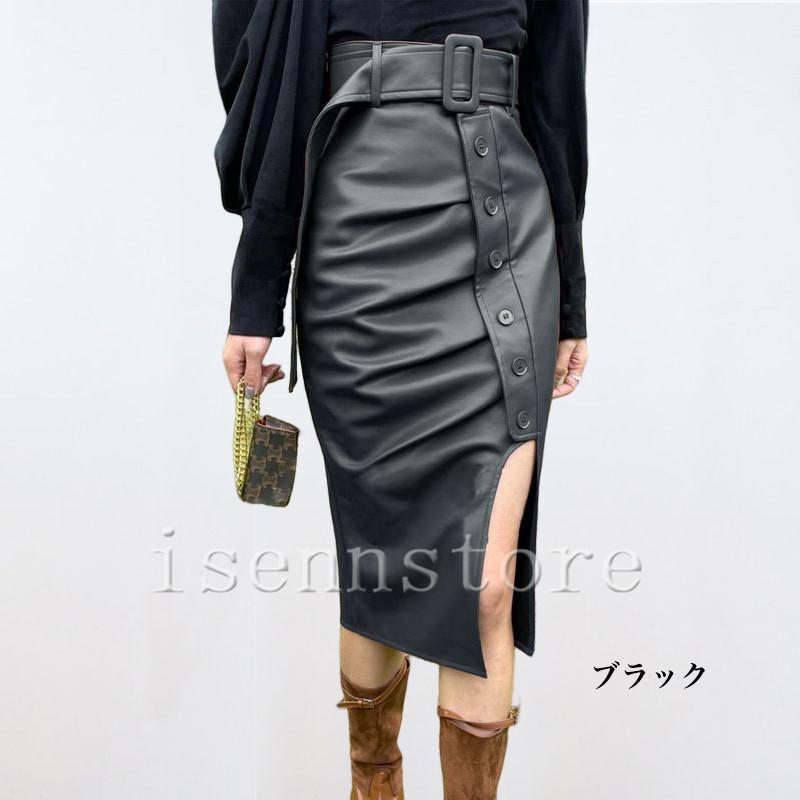 レザースカート秋 冬 革 スリット入り ミディアムスカート ベルト付き
