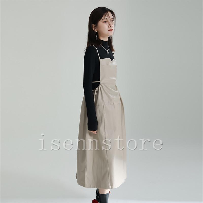 ジャンパースカート PU レザー ロング丈 秋 春 ジャンスカ ワンピース