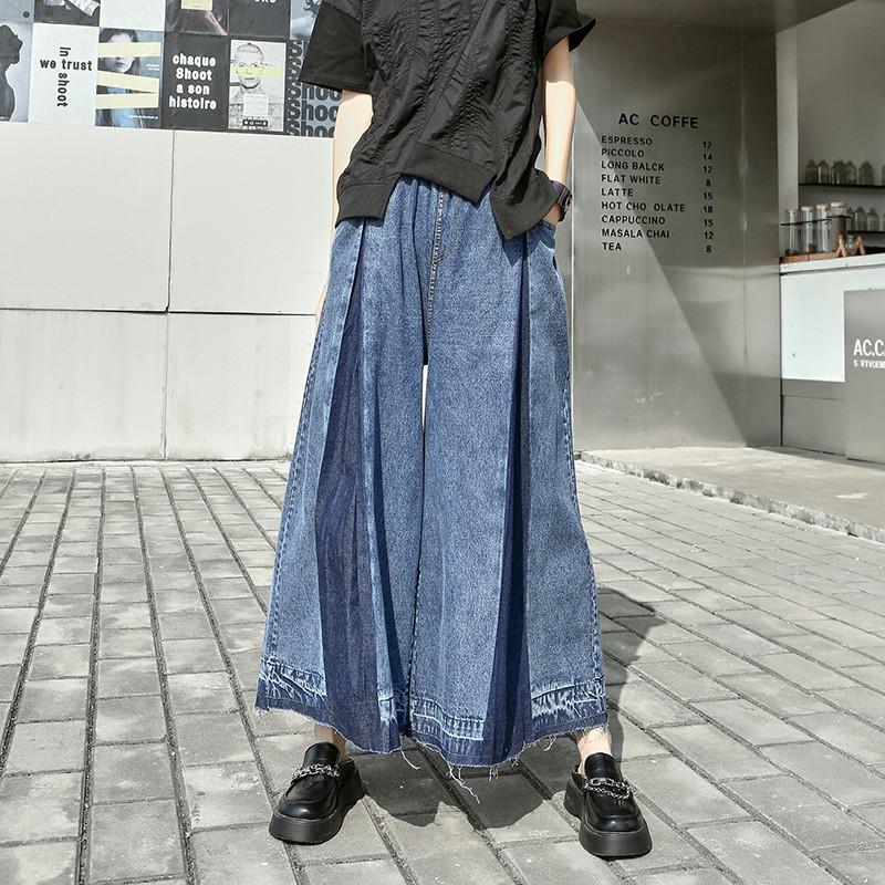 ワイドパンツ デニム 異素材切替 ボトムス レディース 9分丈 デニム