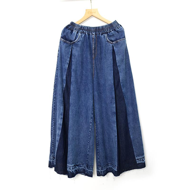 114　萌　M-L　ウエストゴムガウチョパンッ　柔らかいデニム系生地 ワイドパンツ デニム 異素材切替 ボトムス レディース 9分丈 デニム