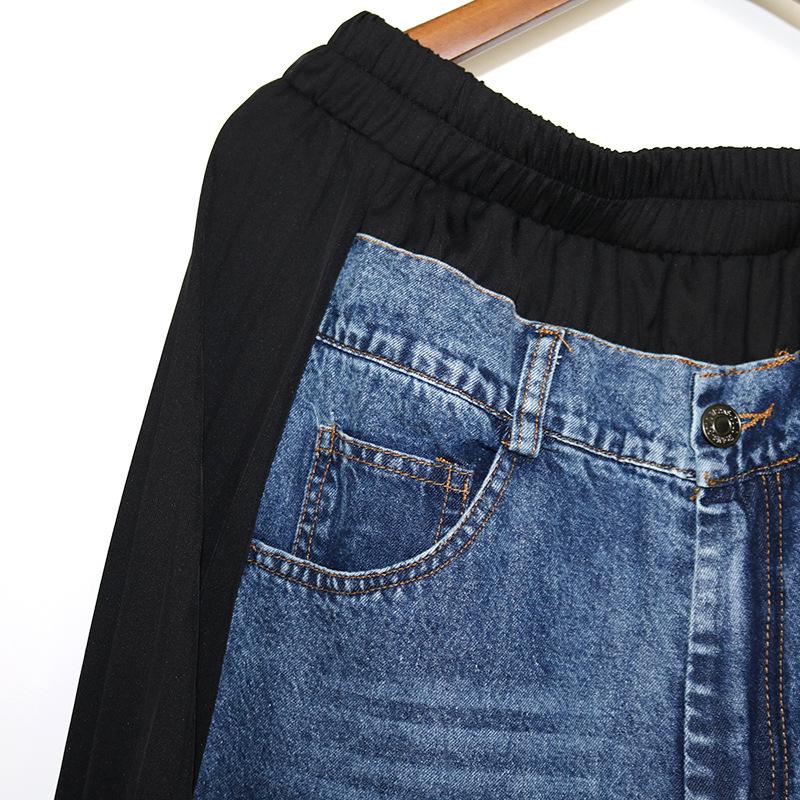 プリーツ切替 ワイド デニムパンツ ストリート系 レディース