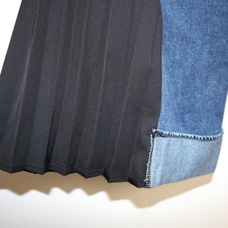 プリーツ切替 ワイド デニムパンツ ストリート系 レディース