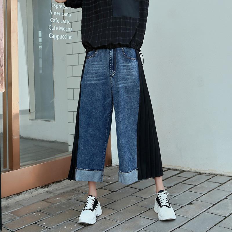 プリーツ切替 ワイド デニムパンツ ストリート系 レディース