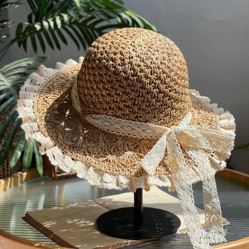 レースリボン フリル レディース 帽子 つば広 ハット 麦わら帽子