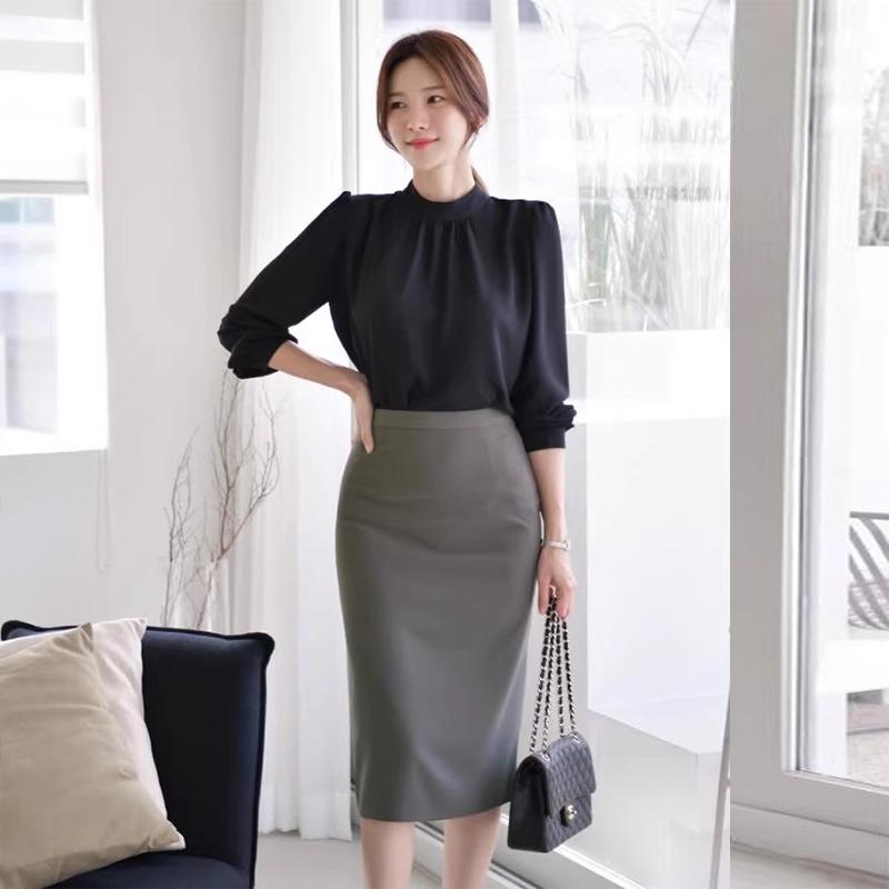 ノーブル ひざ丈 タイトスカート オフィスカジュアル くすみブルー セットアップ対応]ストレッチタイトスカート/洗える(ひざ丈