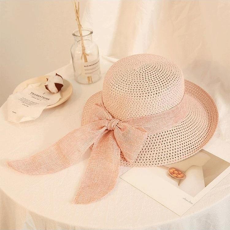 リボン ストローハット 麦わら帽子 つば広 レディース UVカット帽子