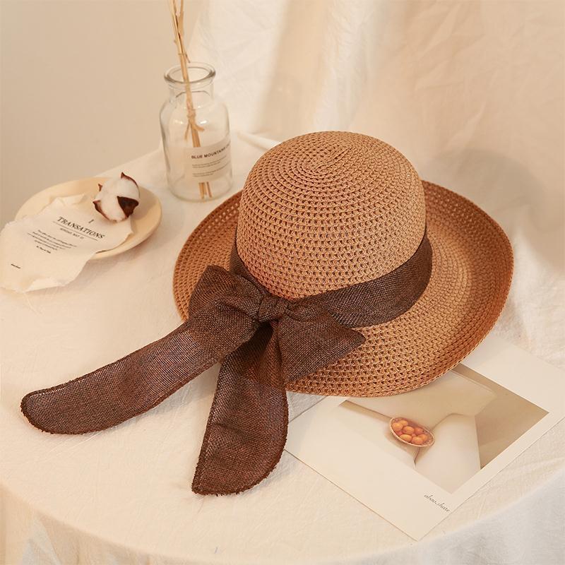 リボン ストローハット 麦わら帽子 つば広 レディース UVカット