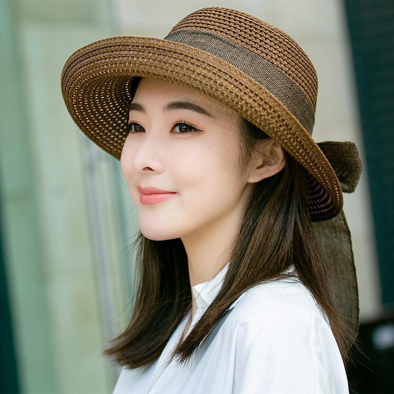 リボン ストローハット 麦わら帽子 つば広 レディース UVカット