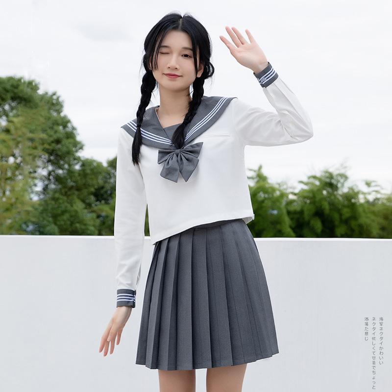 セーラー服 制服 コスプレ学生服 3点セット長袖半袖グレー+白色 女子 