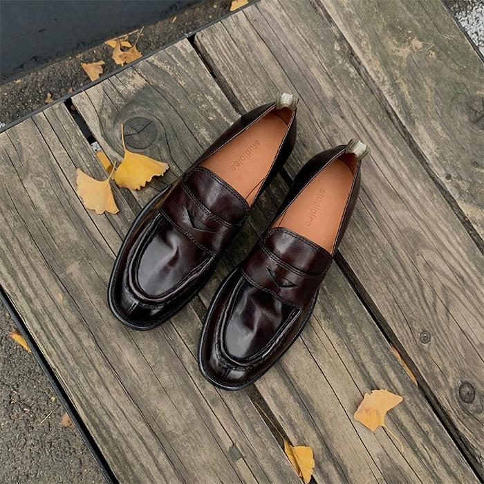 ローファー 履きやすい 本革 靴 レディース ラウンドトゥ 3cmヒール 太