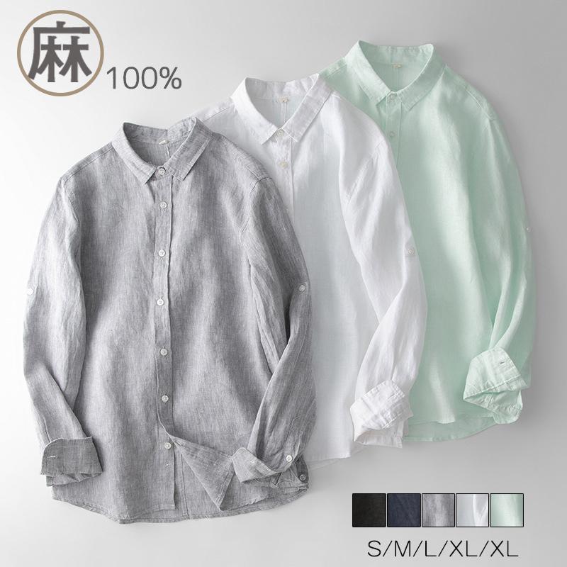 リネンシャツ メンズ 長袖 100% 麻 無地 ボタンダウンシャツ トップス
