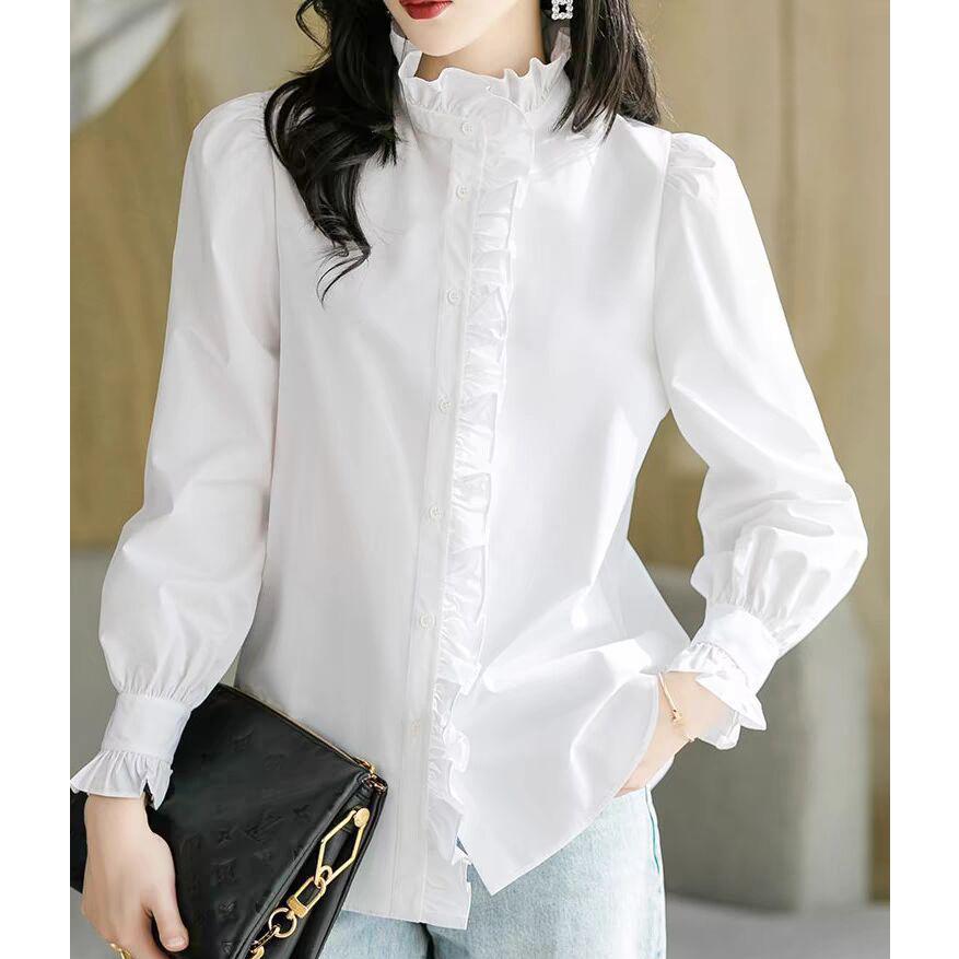 フリルブラウス 長袖 レディース 立ち襟 シャツブラウス コットン