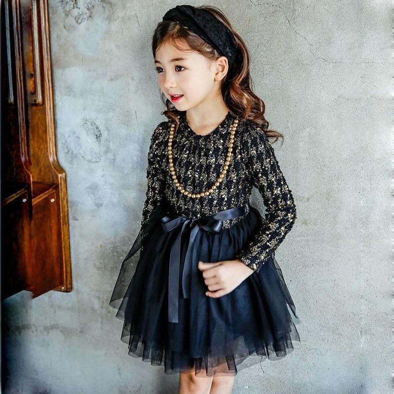 ワンピース 子供服 姫系 韓国風 長袖チュール ドレス ツイード切り替え