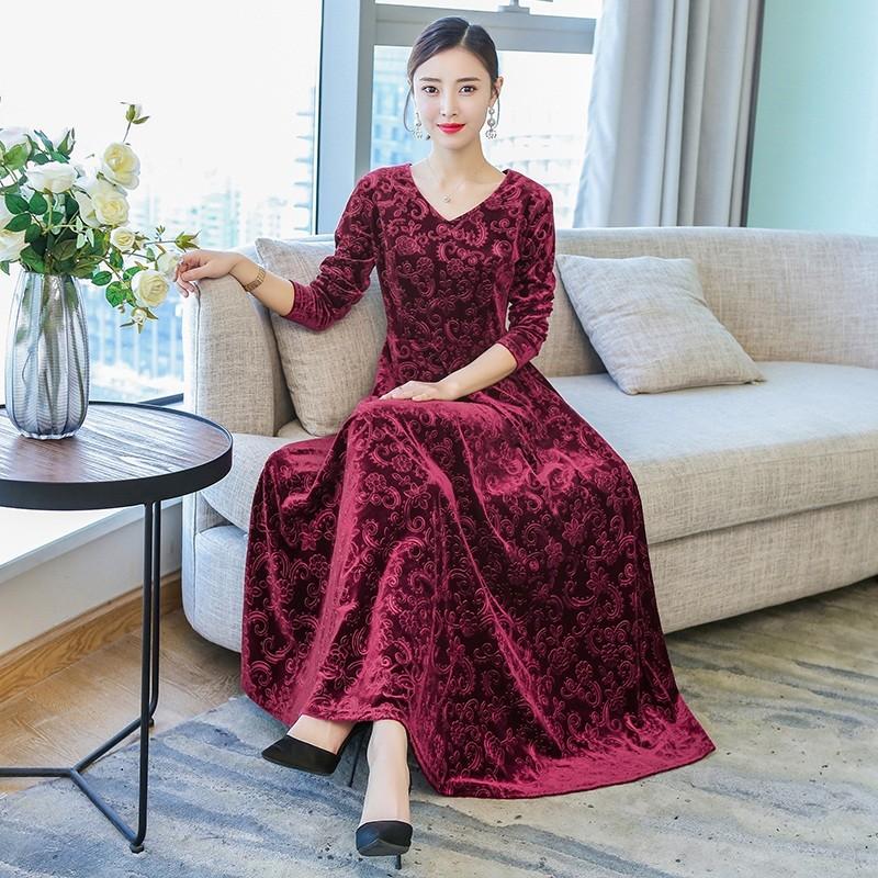 ベロア ワンピース パーティードレス 結婚式 長袖 マキシ丈ワンピ 秋冬 レディース フラワー柄 上品エレガント Aライン ロングドレス フレア 着痩せ 秋冬 Juy 2792 イセンストア 通販 Yahoo ショッピング