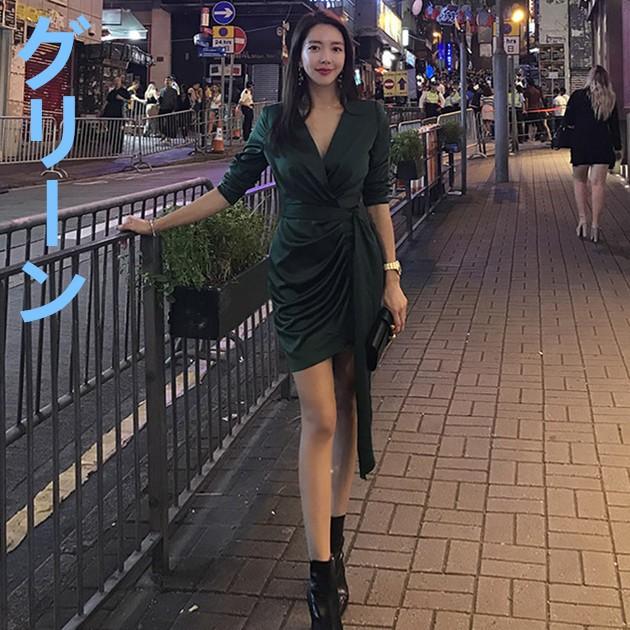 秋冬ファッション サテン Vネック 長袖セクシー ギャザー タイトワンピース ボディコン ミニドレス レディース リボンタイ付き イレギュラー パーディードレス Juy 4127 イセンストア 通販 Yahoo ショッピング