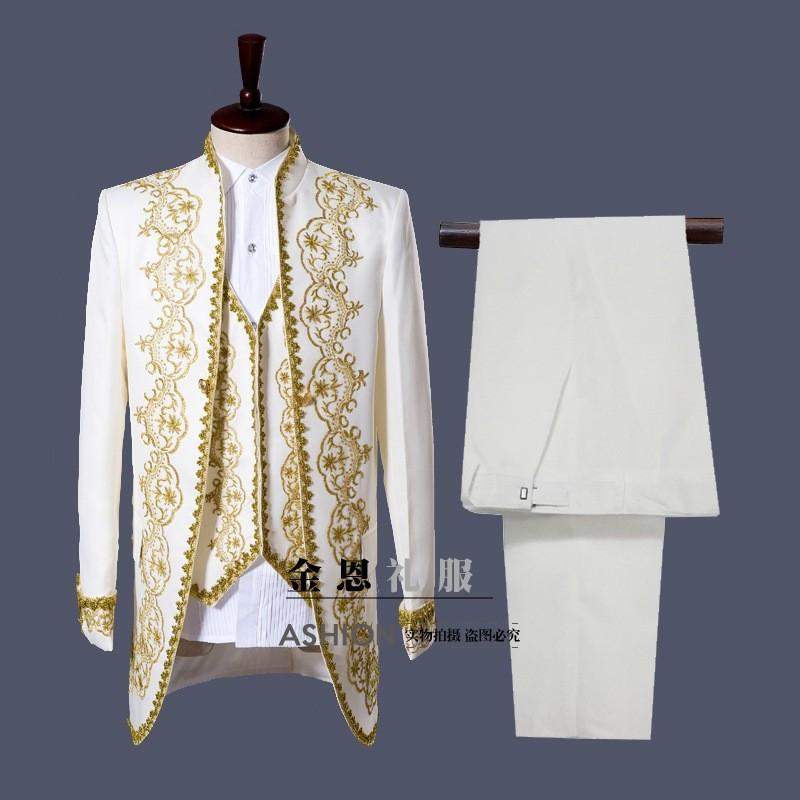 メンズ ヨーロッパ礼服 ラメ刺繍柄 宮廷服 男性スーツ ジャケット+ベスト+ズボン３点セット コスチューム コスプレ衣装 ライブ衣装 演劇 オペラ 声楽 演出服