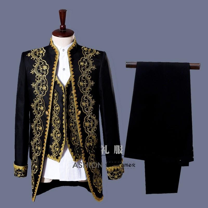 メンズ ヨーロッパ礼服 ラメ刺繍柄 宮廷服 男性スーツ ジャケット+ベスト+ズボン３点セット コスチューム コスプレ衣装 ライブ衣装 演劇 オペラ 声楽 演出服_1