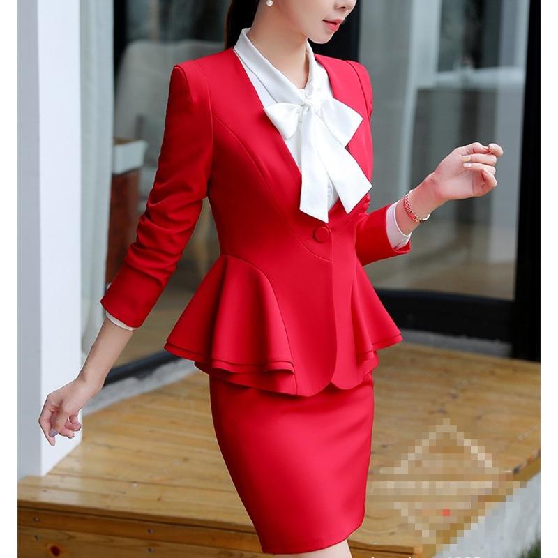 スカートスーツ レディース 事務服 長袖フリル ノーカラージャケット