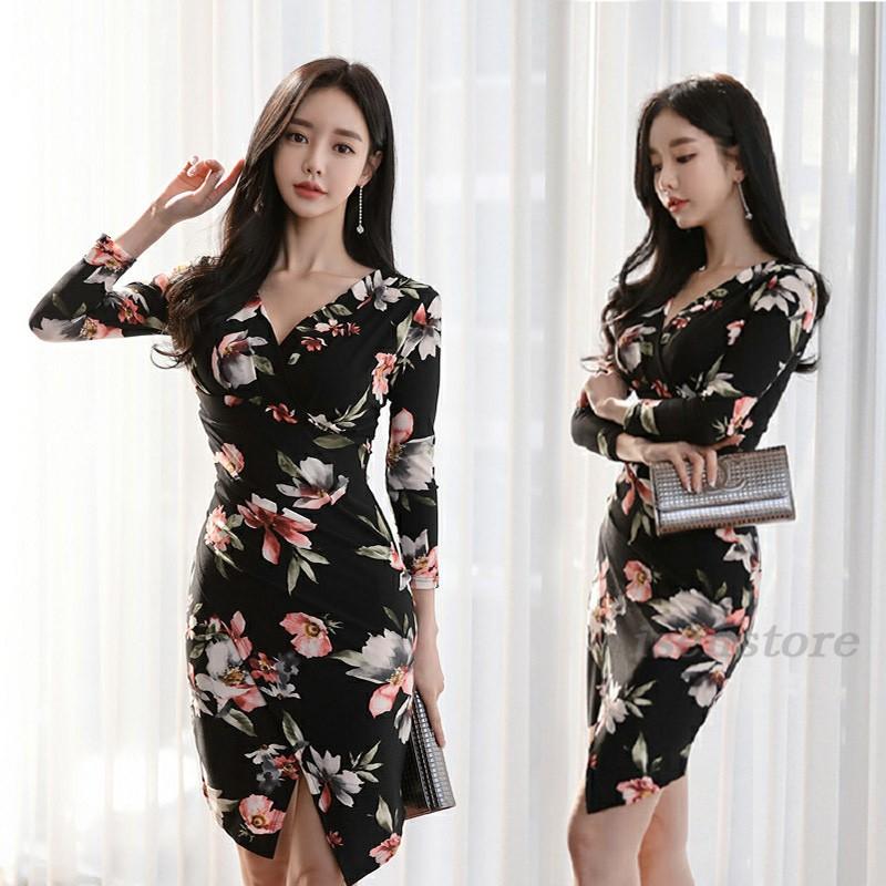 カシュクール Vネック 花柄プリント タイトワンピース 長袖 膝上丈 スリット イレギュラー ストレッチワンピ 大人セクシー お呼ばれ パーティードレス 結婚式 May 2125 イセンストア 通販 Yahoo ショッピング