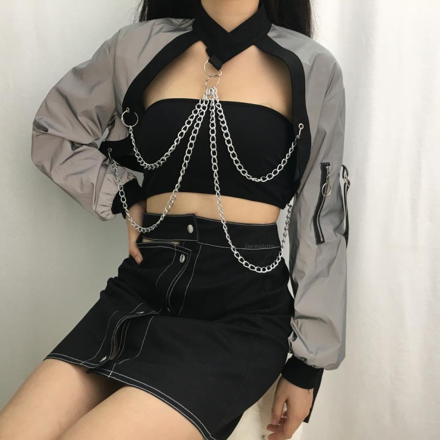 ダンスウェア ヒップホップ 長袖 ジャケット レディース トップス 原宿系 ジャージダンス 演出服 チェーン付き ショート丈 アウター ブルゾン 女性 May 3166 イセンストア 通販 Yahoo ショッピング
