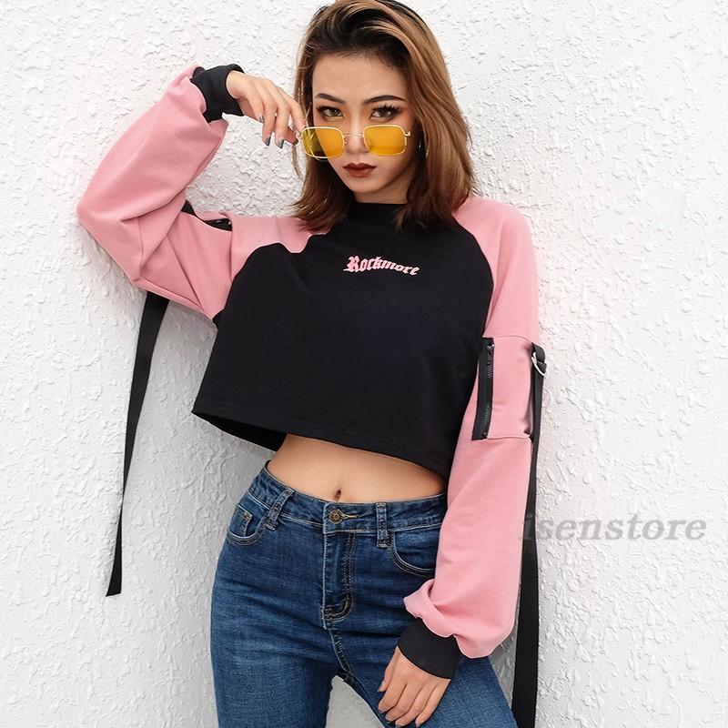 ダンスウェア Tシャツ トップス 配色 ショート丈 パーカー スウェット レディース トレーナー 長袖 プルオーバー へそ出し ダンス衣装 Hiphop 演出服 ルーズ May 3180 イセンストア 通販 Yahoo ショッピング