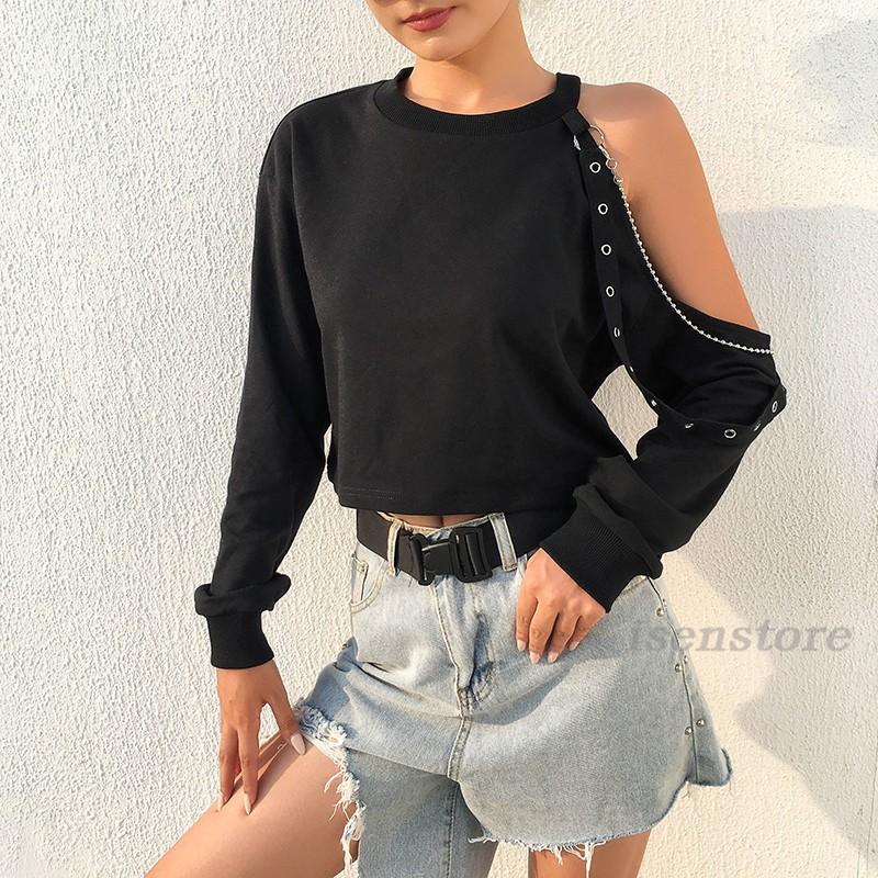 肩出し トップス カットソー オフショルダー チェーン付き 長袖 プルオーバー レディース 春 ファッション Tシャツ ゆったり ショート丈 無地 へそ 出し May 3315 イセンストア 通販 Yahoo ショッピング