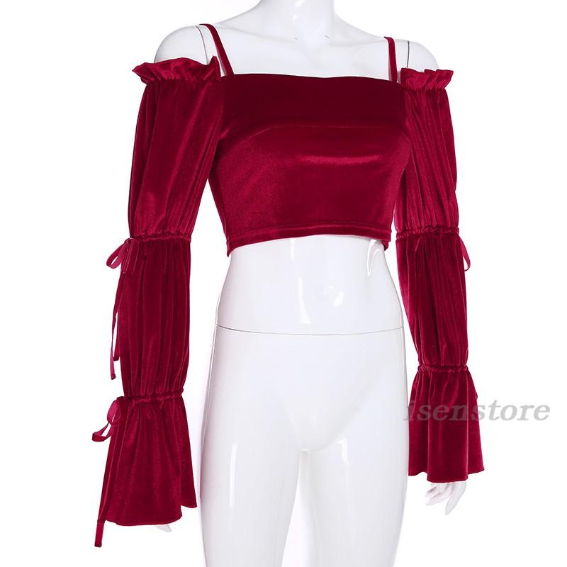 海外セレブ 秋冬ファッション ベロア オフショルダー トップス セクシー 肩出し レディース ブラウス ショート丈 タイト へそ出し ｔシャツ 着痩せ Isen May 3443 イセンストア 通販 Yahoo ショッピング