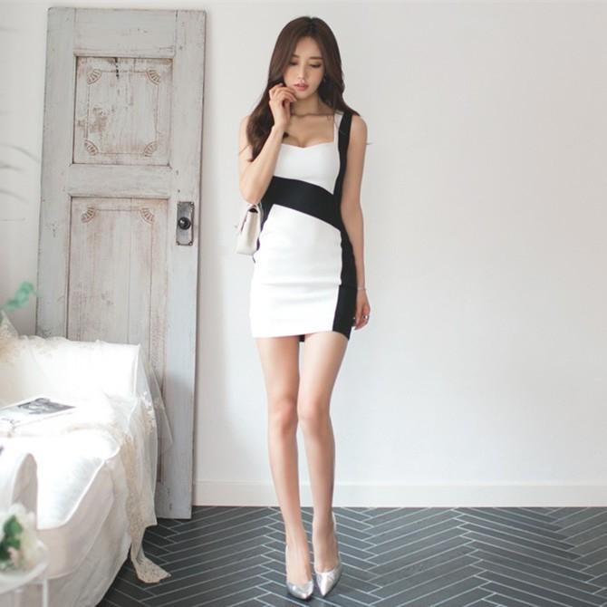 セクシー Vネック タイトワンピース ミニ丈 ノースリーブ ボディコン