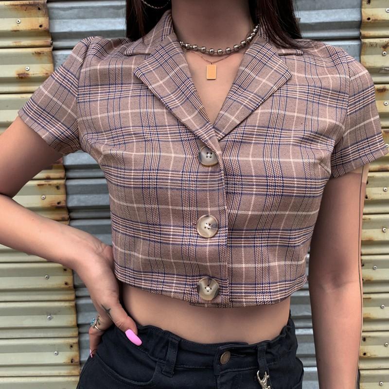 オープンカラーシャツ カジュアル 半袖 チェック柄 レディース トップス アロハシャツ へそ出し ショート丈 スリム細身 開襟シャツ ダンス衣装 Isen Mmay 3857 イセンストア 通販 Yahoo ショッピング