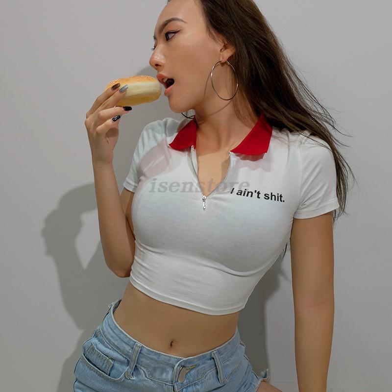 ショート丈tシャツ へそ出し タイトトップス Polo襟 半袖カットソー レディース 春夏 トップス スリム セクシー シンプル コーデ 無地 スポーツ ダンス Mmay 3872 イセンストア 通販 Yahoo ショッピング