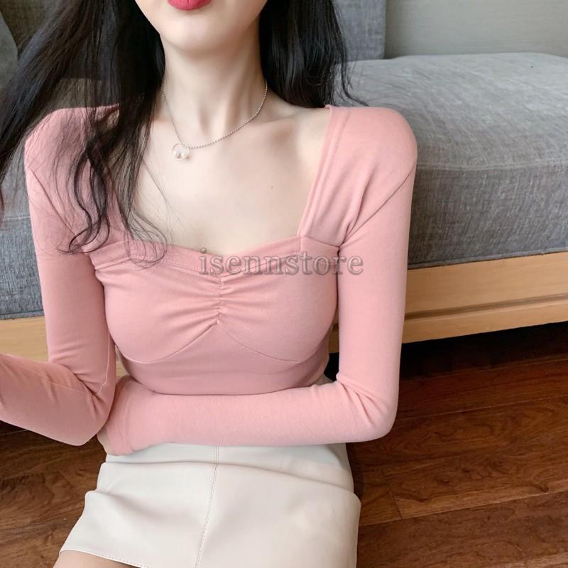 Tシャツ レディース カットソー 長袖 トップス タイト スリム 秋 春 ギャザー入り スクエアネック 無地 セクシー スタイリッシュ 韓国 カジュアル きれいめ Mmay 4130 イセンストア 通販 Yahoo ショッピング