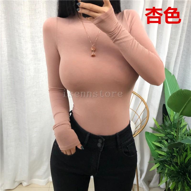 韓国風 シンプル トップス レディース 無地 長袖 tシャツ ラウンド