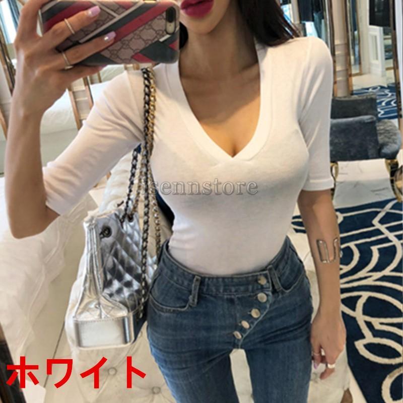 トップス レディース セクシー カットソー 五分袖 タイト 無地 薄手 t
