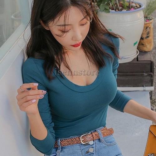 Tシャツ カットソー レディース トップス Uネック 胸元セクシー シンプル 無地 大人ファッション 長袖 コットンシャツ 薄手 タイトフィット 着痩せ4色 Mmay 4257 イセンストア 通販 Yahoo ショッピング