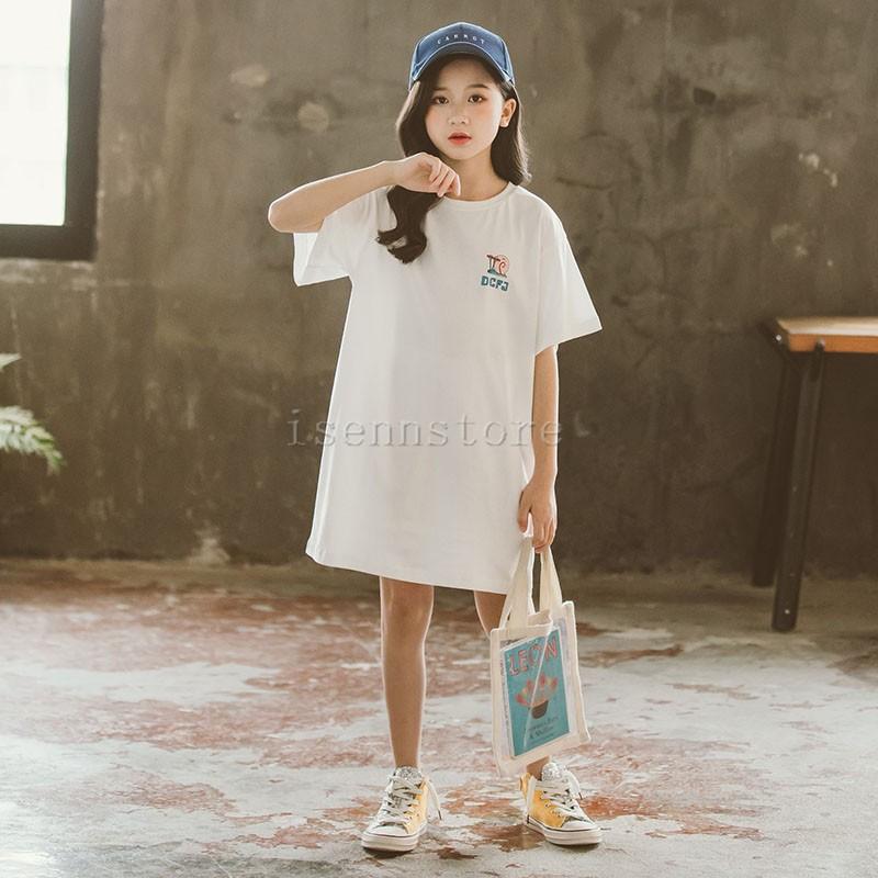 韓国子供服 女の子 ワンピース 半袖 Tシャツ キッズ ロングT ガールズ