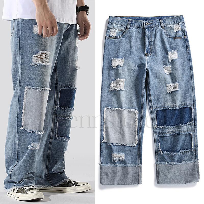 デニムパンツ メンズ ジーンズ バギーパンツ 極太 ルーズフィット ゆったり 大きいサイズ B系 ストリート パッチワーク加工 ガウチョパンツ カジュアル Gパン Mmay 6006 イセンストア 通販 Yahoo ショッピング