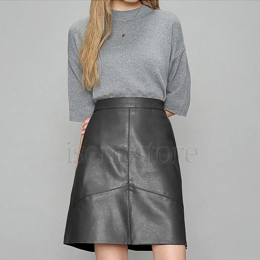 春秋レザースカート ハイウエスト スカート 膝丈 レディース