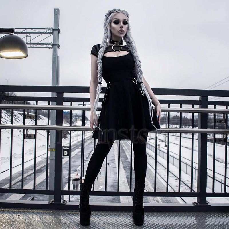 メッシュ切替 半袖ワンピース 透け感 ベルト Aラインワンピース 膝上丈 フレア レディース パンク 風 ストリート ファッション ロック ダンス モード系 ゴシック Mmay 6698 イセンストア 通販 Yahoo ショッピング