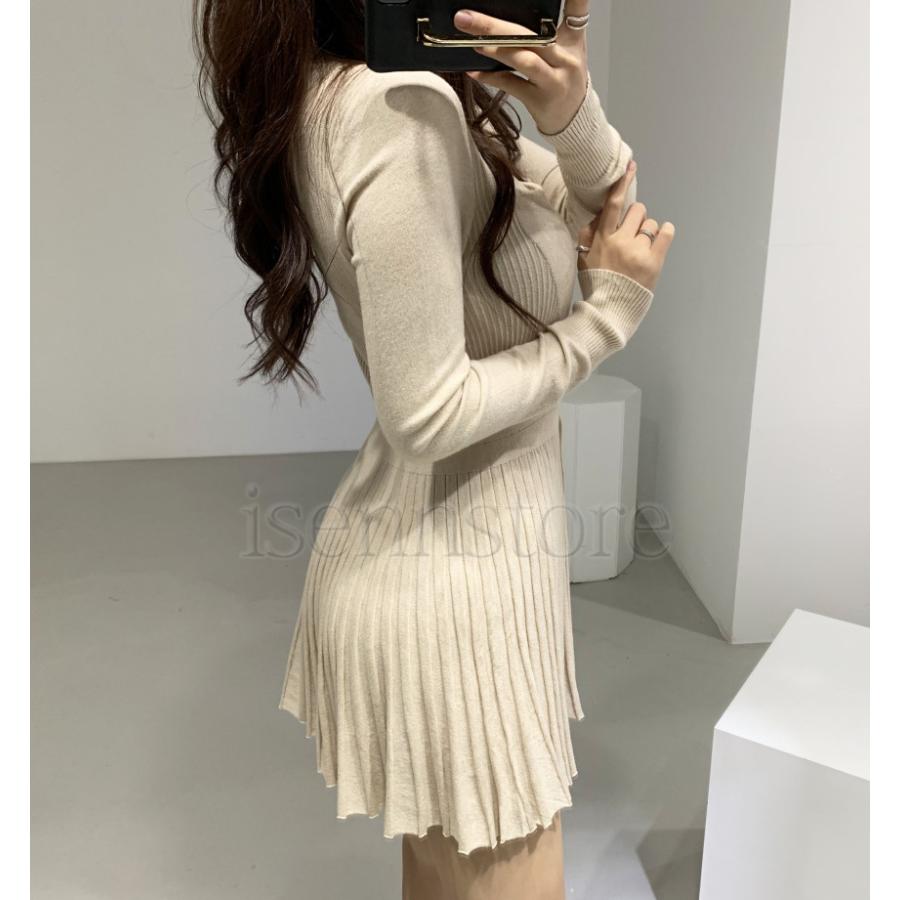 秋冬 ニットワンピース プリーツ ロング ミニ丈 Aライン ワンピース