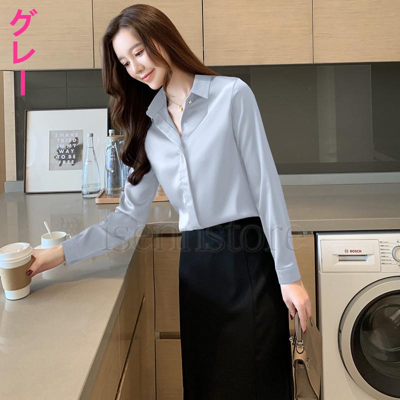 ブラウス シャツ トップス レディース 長袖 サテン ワイシャツ Y
