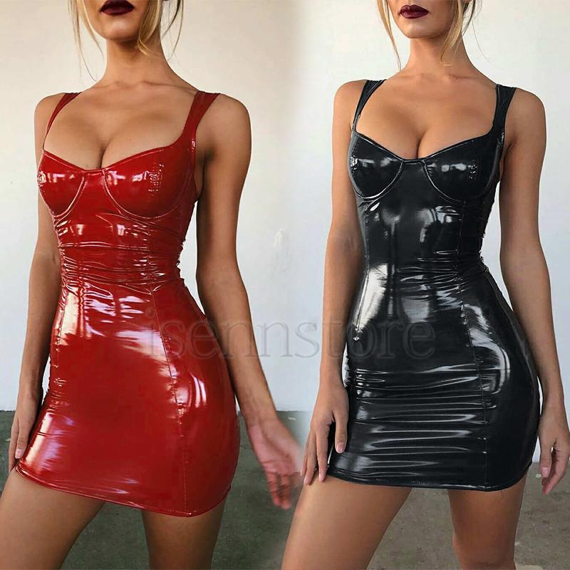 ボディコンワンピース エナメル PU革 ノースリーブ キャミワンピース