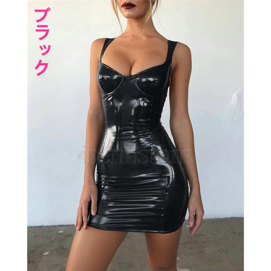 ボディコンワンピース エナメル PU革 ノースリーブ キャミワンピース
