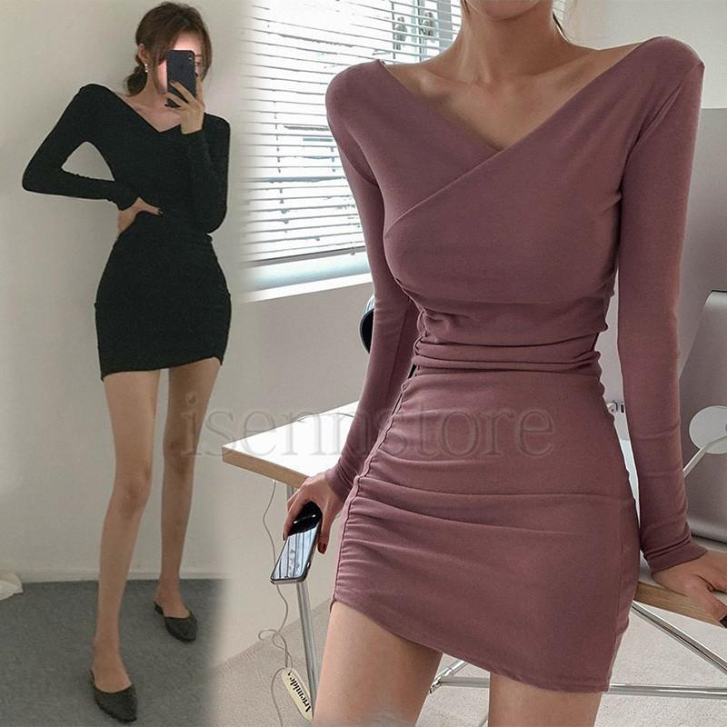 春ワンピース ギャザー セクシー カシュクールワンピース レディース 長袖 タイト Vネック ミニ丈 ドレス ボディコン 春夏 シンプル 無地 インナーワンピ 30代 Mmay 8741 イセンストア 通販 Yahoo ショッピング