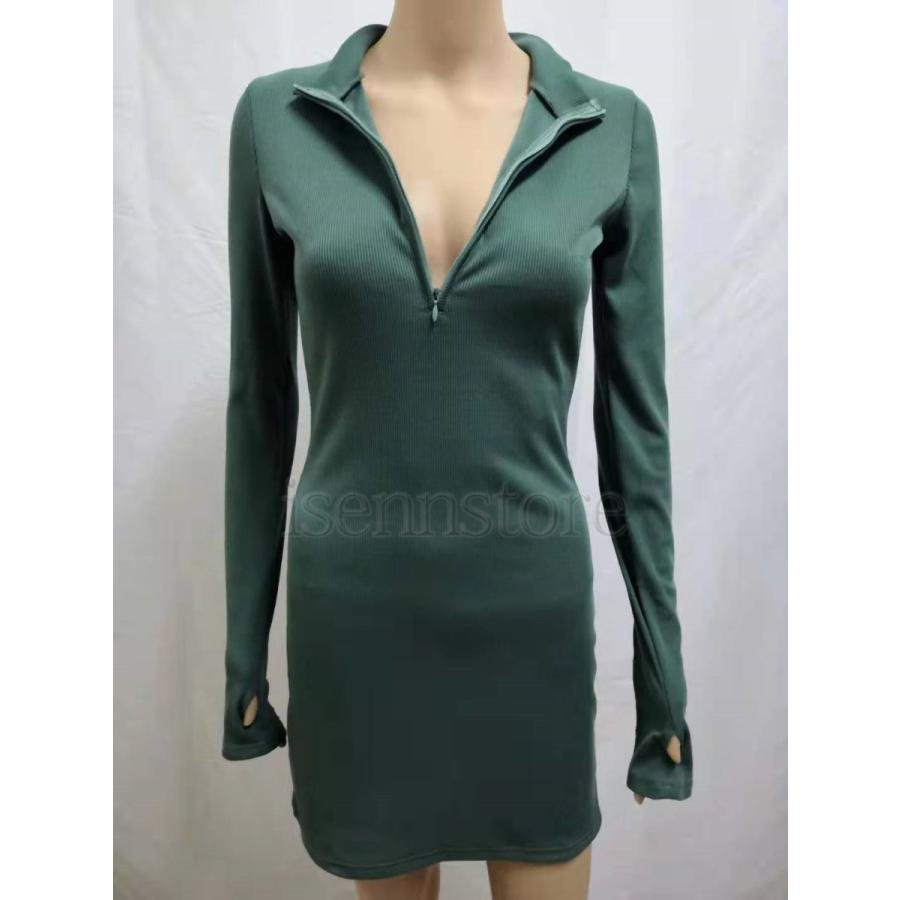 ワンピース フロント ジップ 無地 カットソー タイト ミニ丈 ドレス